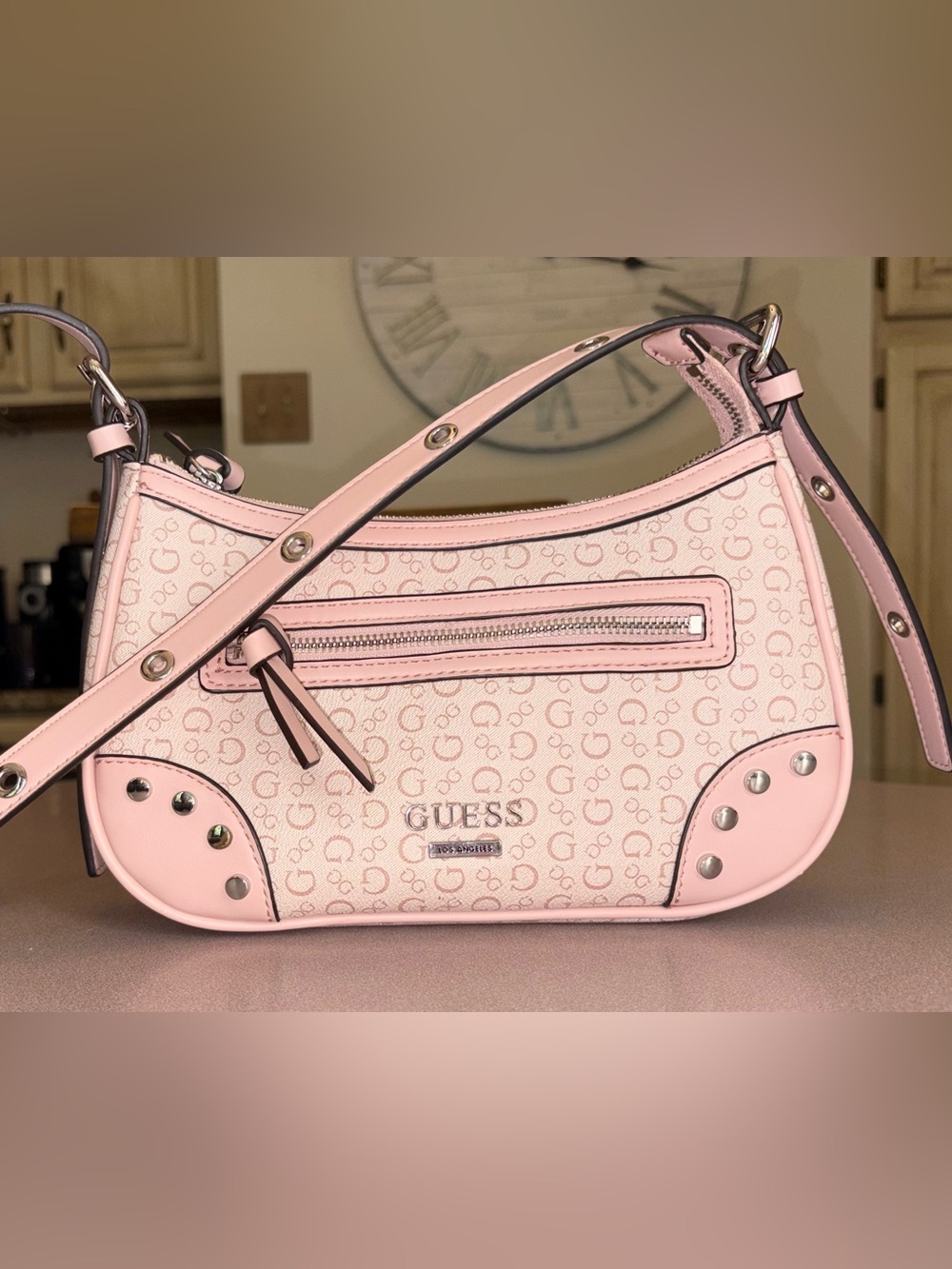 GUESS Pink Monogram Studded Y2K Hobo Shoulder Bag SV927569